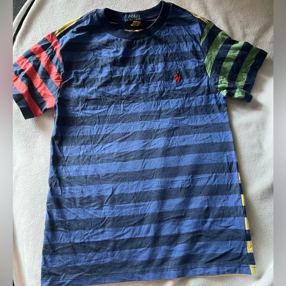 Polo by Ralph Lauren Navy & Black Striped Tee with Multi-Color Sleeves
